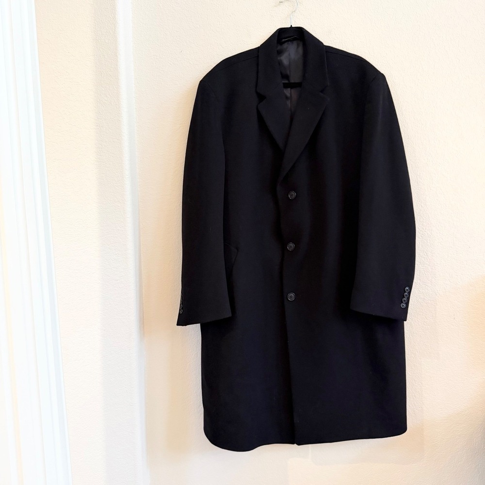 Jos. A. Bank Mens 46R Black 100% Wool Long Overcoat Trench Winter Jacket Coat
